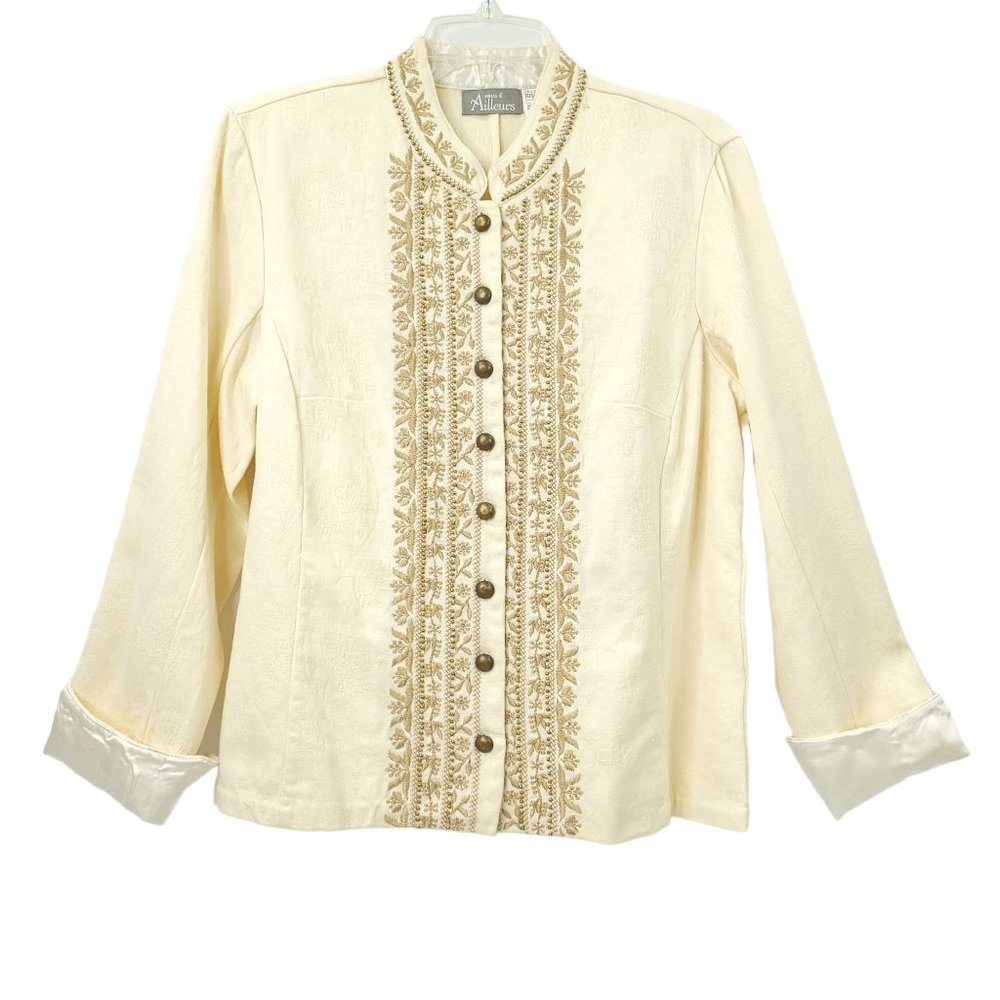 Vents d Ailleurs Cream Jacket Blazer Embroidery Beaded Size 12 Vintage Boho Neru